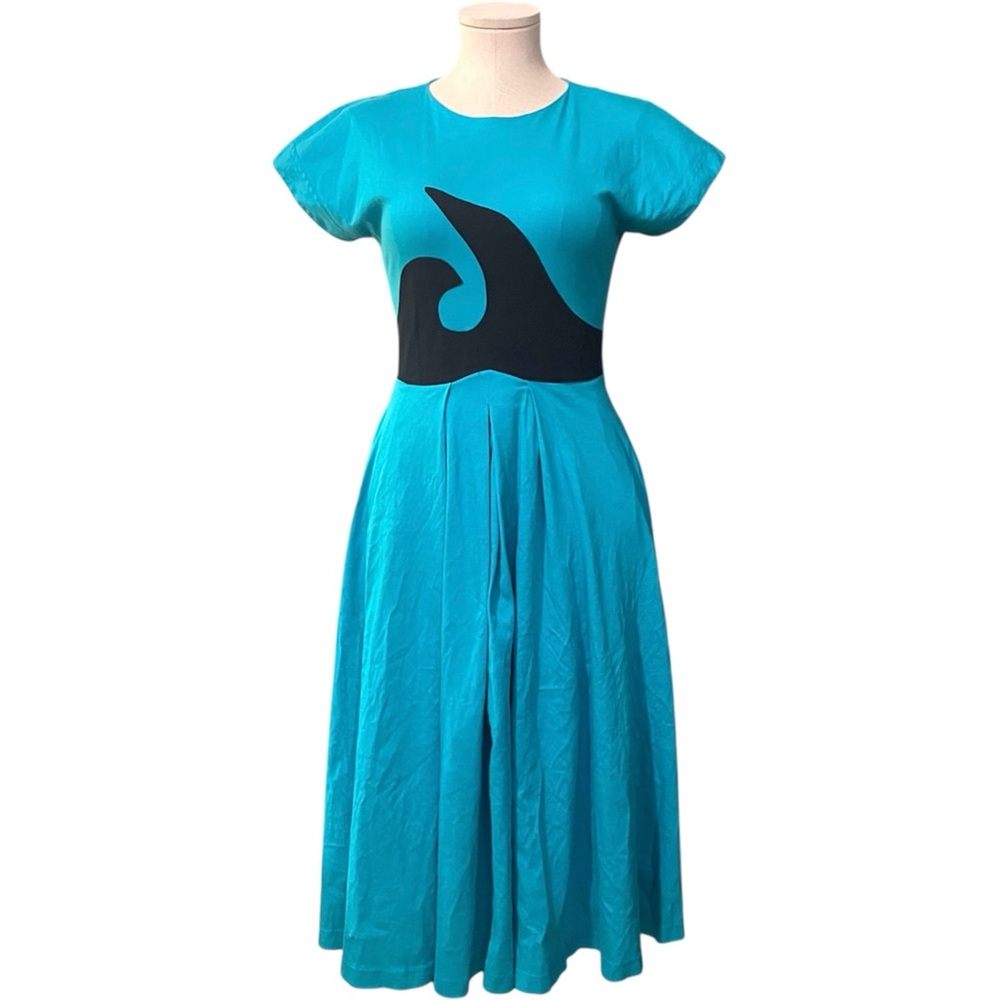 RARE Joanie Char Vintage 80s Blue & Black Wave Abstract Retro Mod Midi Dress